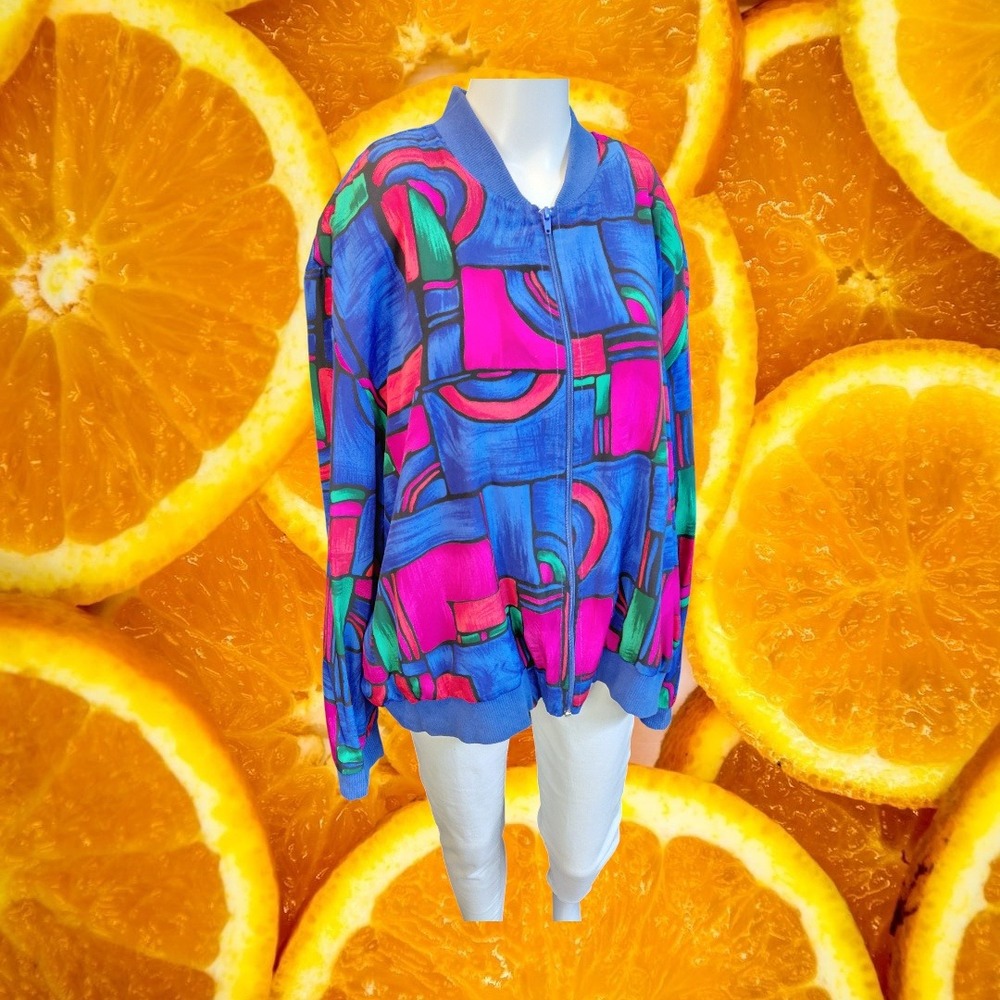 Teddi Women's Abstract Geometric Print Bomber Jacket Blue Pink Green Size 2X